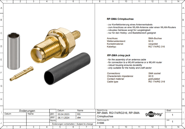 RP-SMA Liitin, RG 174 / RG 316 koaksiaalikaapelille, Puristettava - Image 2